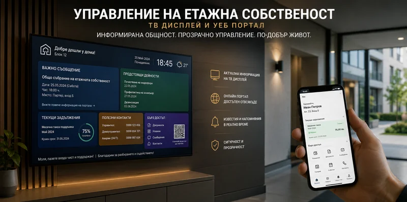 Управление на етажна собственост — ТВ дисплей и уеб портал